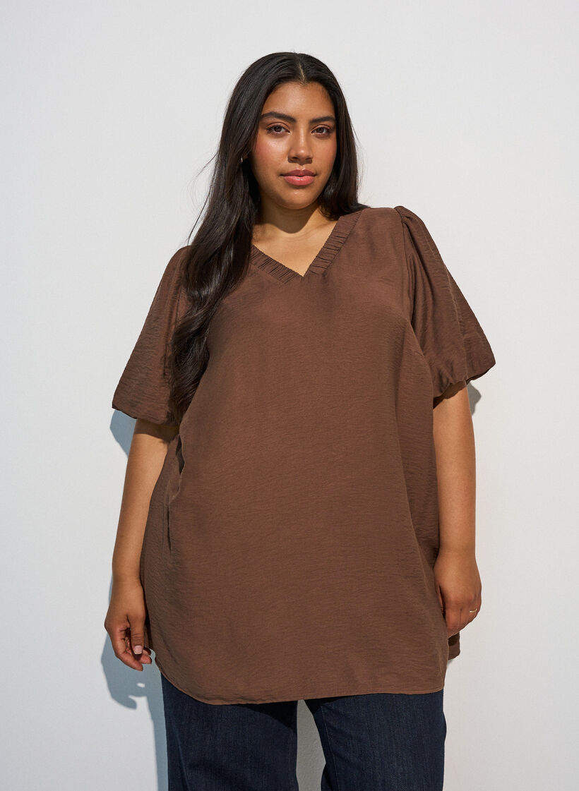 Tunic met ballonnenmouwen en een V-hals, Bruin, Model image number 0