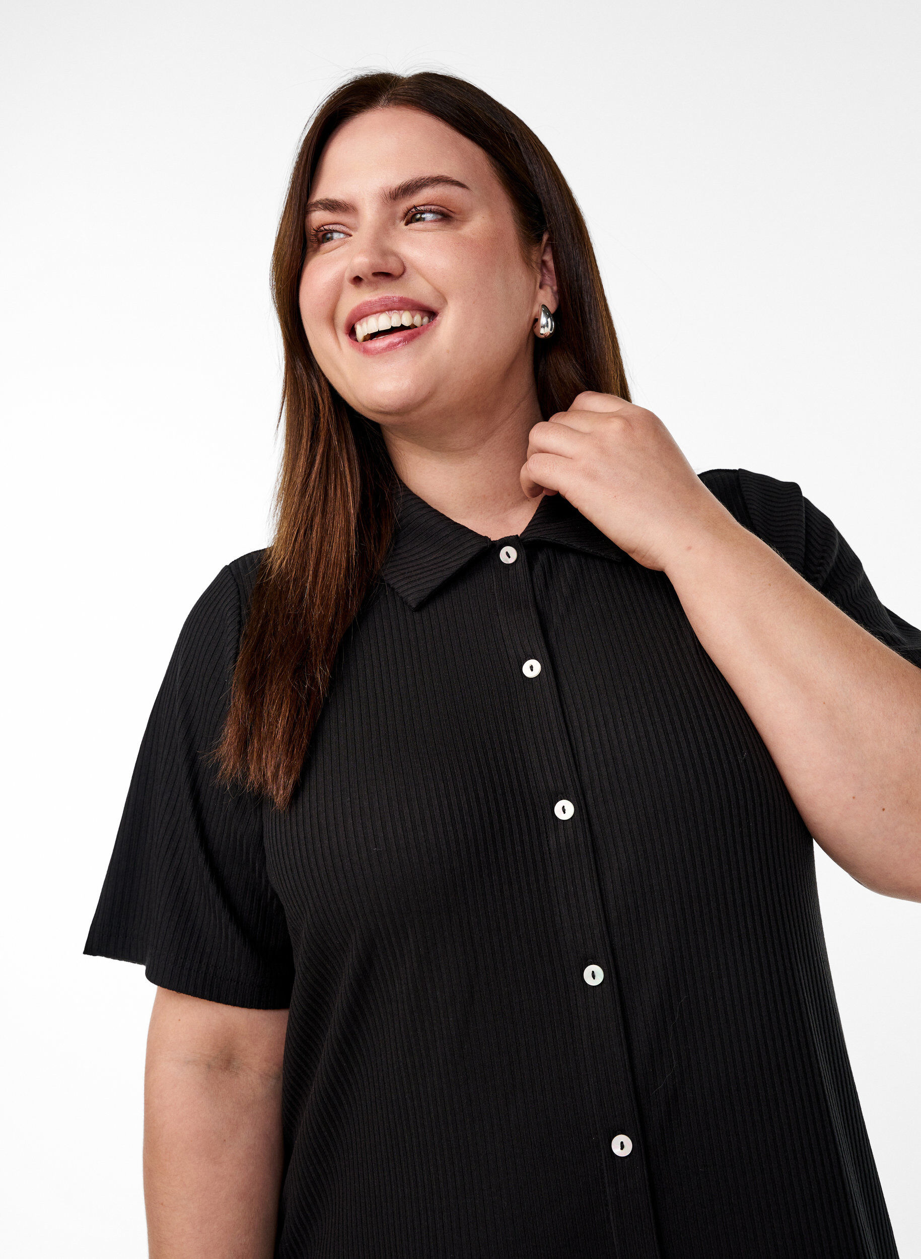 ZizziJersey maxi jurk met kraag en korte mouwen, Zwart, Model image number 2