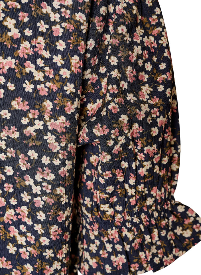 Blouse van viscose met bloemenprint, korte mouwen en smockdetails, Blauw, Packshot image number 3