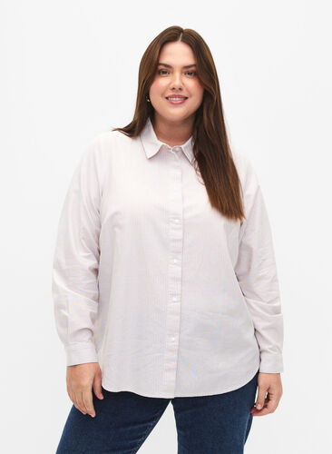 Chemise à manches longues en coton, White Taupe Stripe, Model image number 0