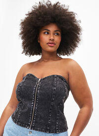 Top corset en denim avec fermeture éclair, Black, Model