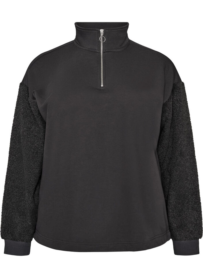 Sweatshirt met teddymouwen en een hoge hals, Grijs, Packshot image number 0