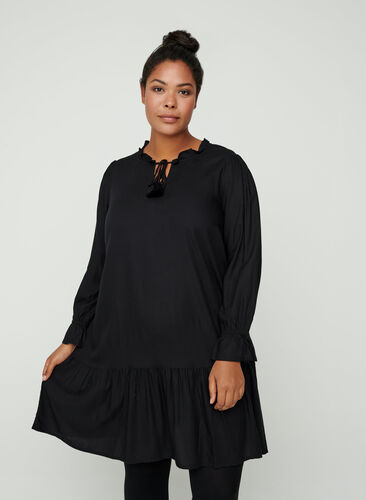 Viscose jurk met koordsluiting, Black, Model image number 0