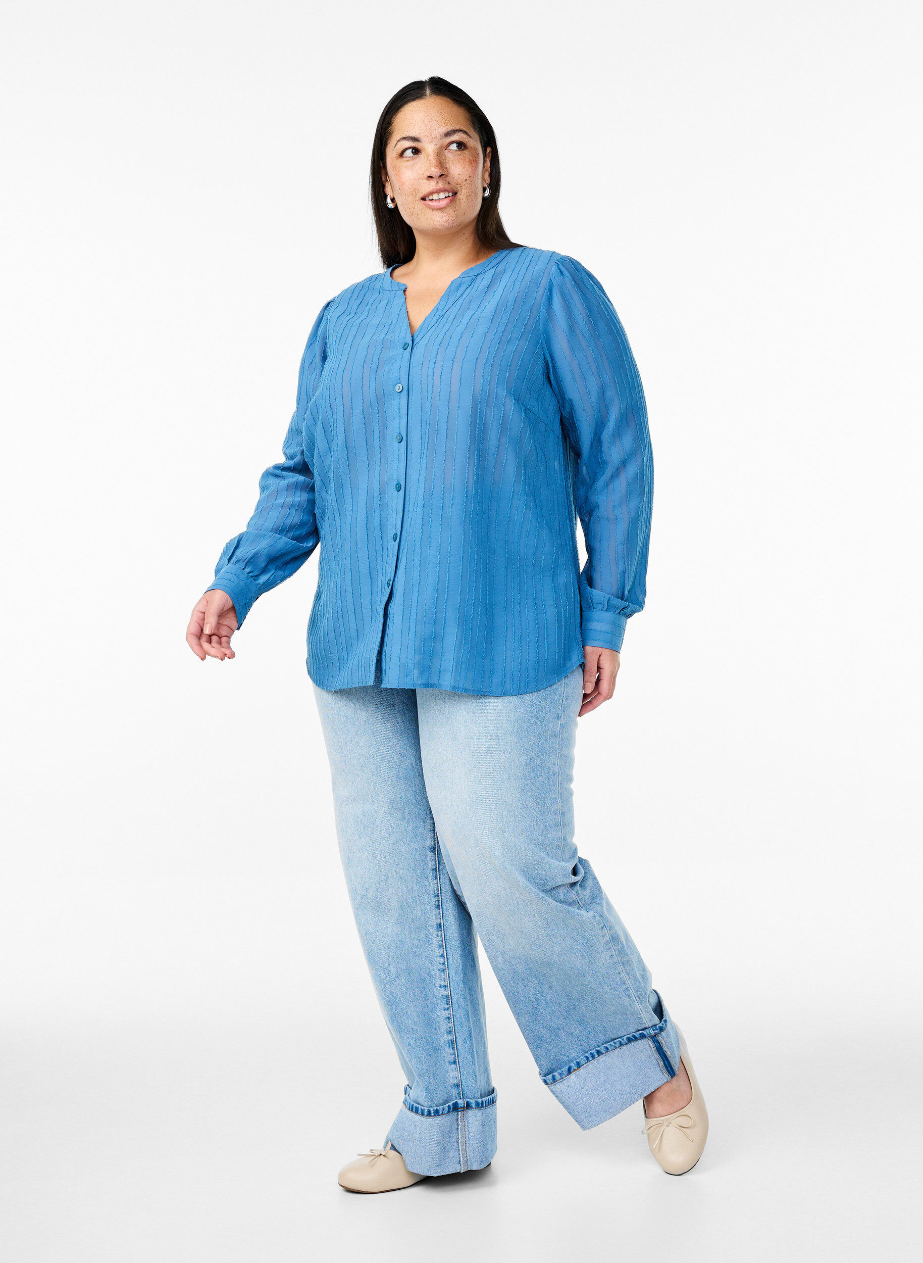 ZizziGestreepte blouse met transparante strepen, Blauw, Model image number 1