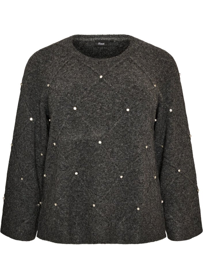 Blouse en maille avec strass et motif &agrave; losanges, Gris anthracite, Packshot image number 0