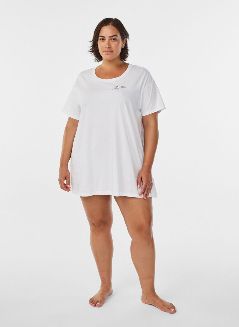 T-shirt de nuit long en coton bio avec imprimé, Blanc, Model image number 1