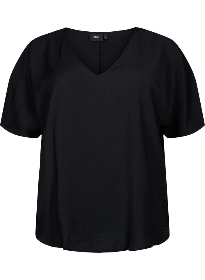 Viscose top met korte mouwen en v-hals, Black, Packshot image number 0