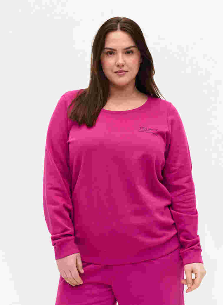 Katoenen sweatshirt met tekstprint, Festival Fuchsia, Model