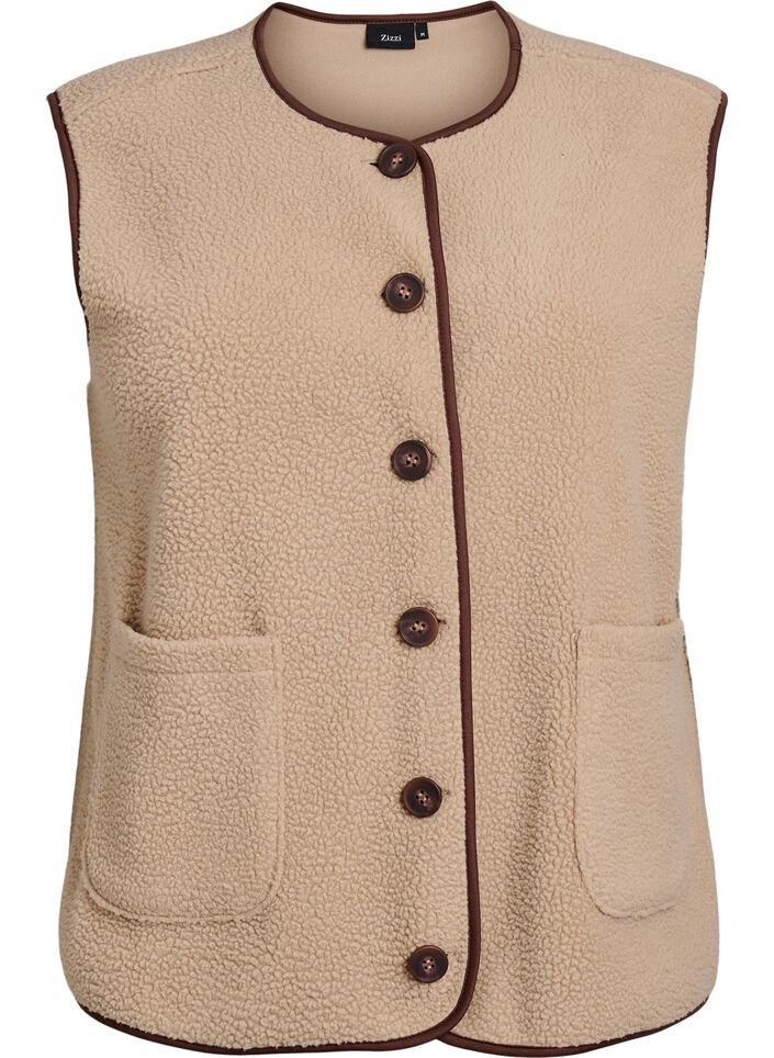 Veste sans manches en teddy avec finitions contrast&eacute;es, Beige, Packshot image number 0