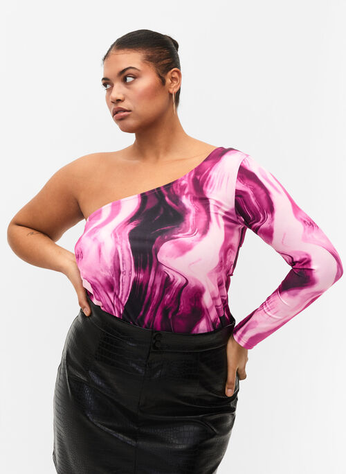 One-shoulder blouse met print, Raspberry Rose AOP, Model