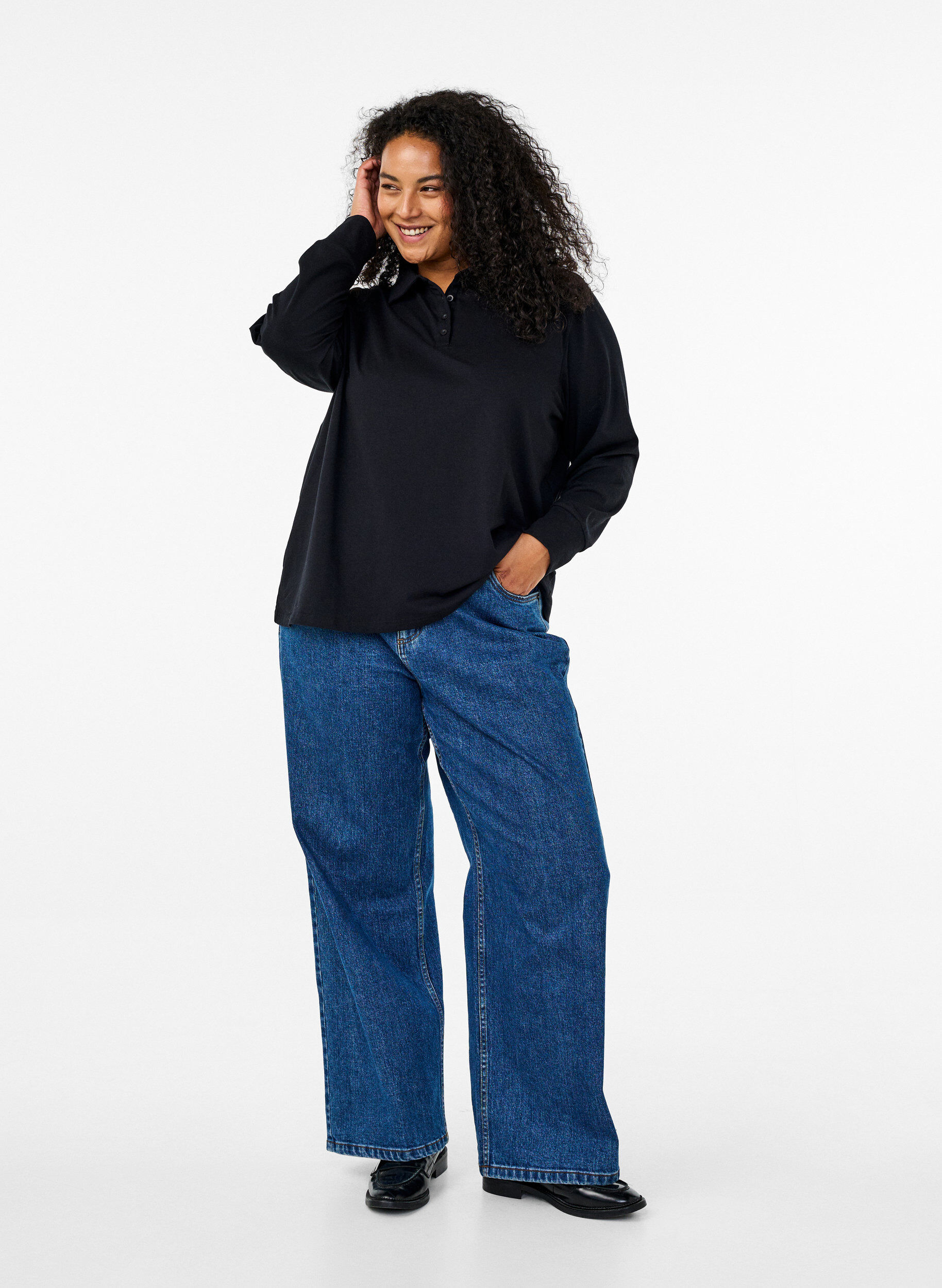 ZizziPolo shirt met lange mouwen en strepen, Zwart, Model image number 1