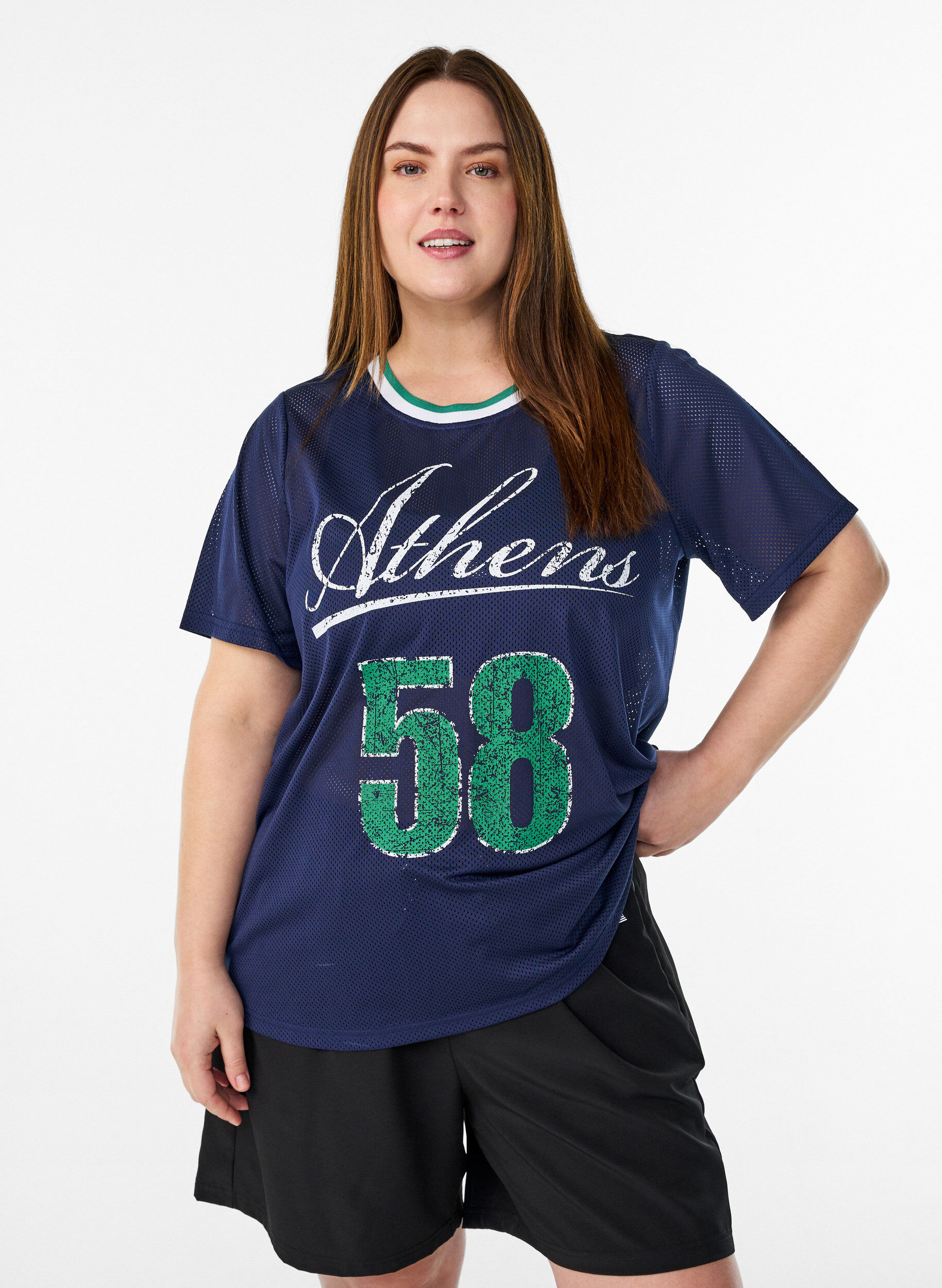 Sporty T-shirt in mesh met print aan de voorkant, Blauw, Model
