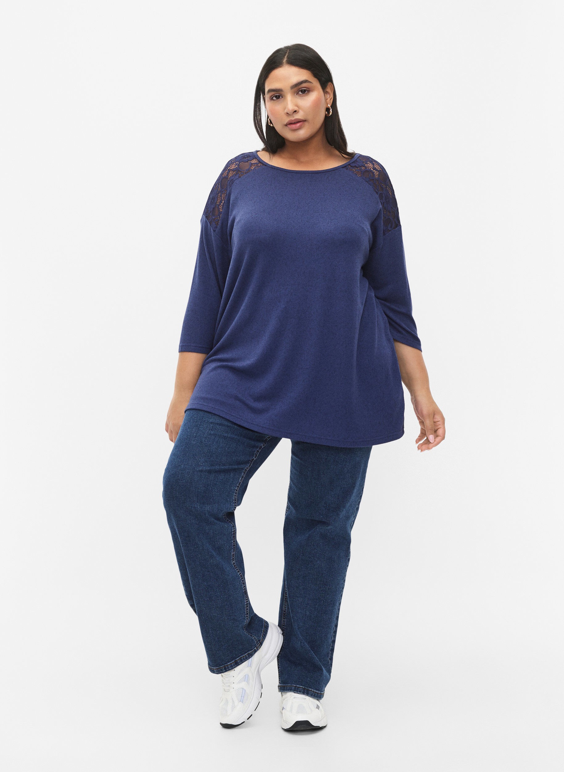 Zizzi Chemisier &agrave; manches 3/4 et d&eacute;tails en dentelle, Medieval Blue Mel., Model image number 2