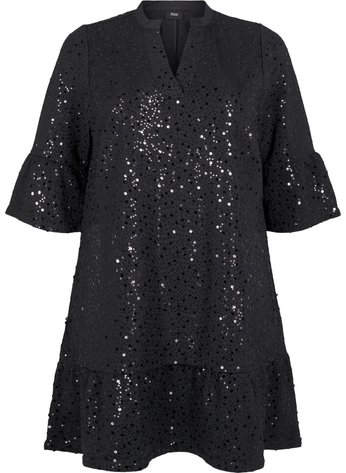 Paillettenjurk met V-hals en 3/4 mouwen, Black w. Bl. Sequins, Packshot image number 0