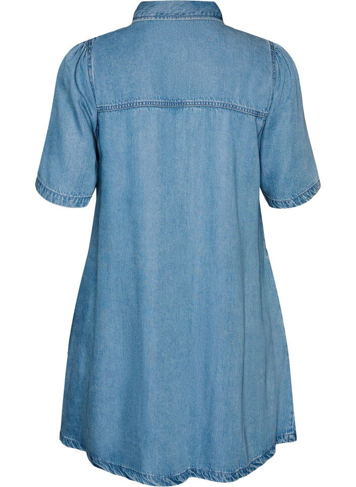 Denim jurk van lyocell met knopen en korte mouwen, Blauw, Packshot image number 1