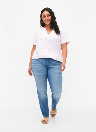 Katoenen t-shirt met stippen en V-hals, B.White/S. Pink Dot, Model image number 2
