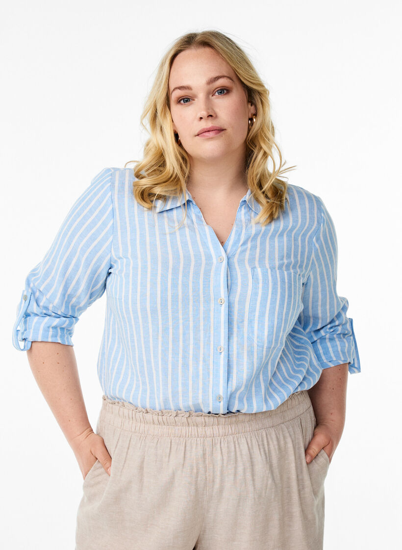 Chemise en lin et viscose avec manches 3/4, Bleu Clair, Model image number 0