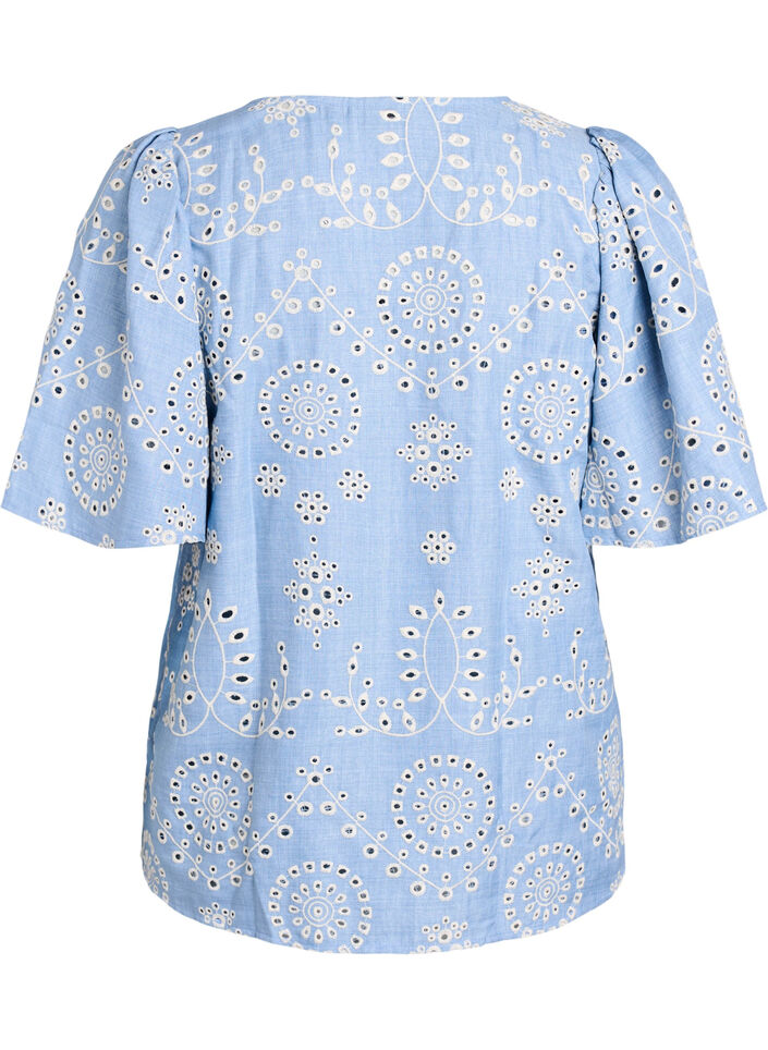 Blouse met broderie anglaise en korte pofmouwen, Blauw, Packshot image number 1