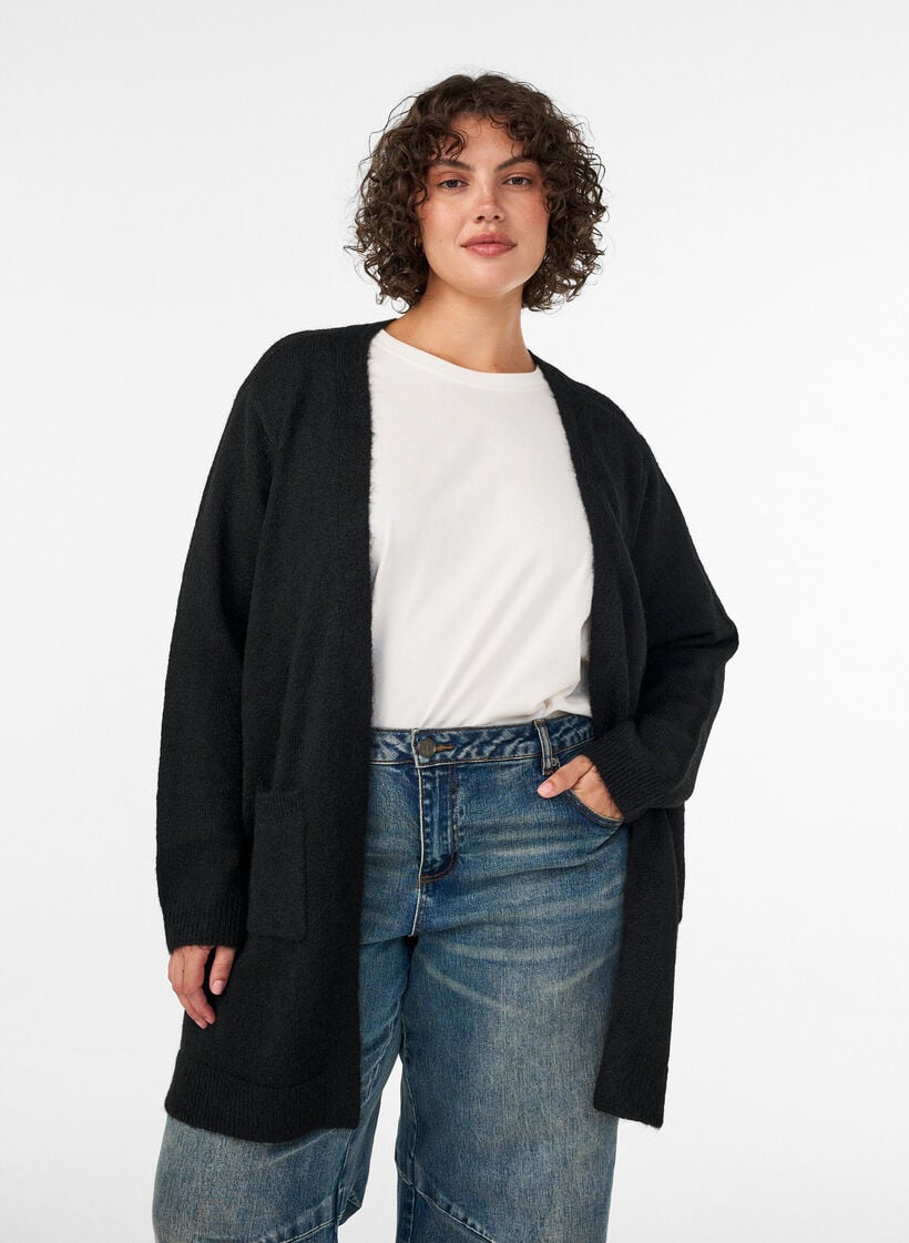Cardigan long avec poches, Noir, Model image number 0