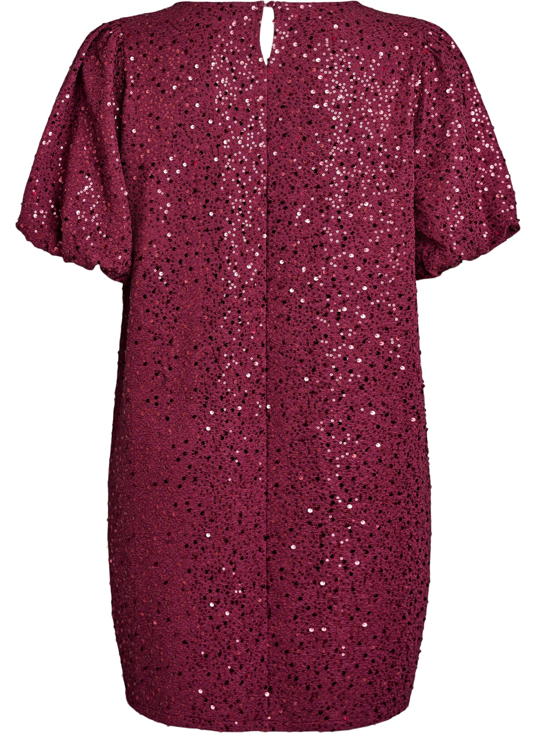 Zizzi Robe courte &agrave; sequins avec manches bouffantes, Bordeaux fonc&eacute;, Packshot image number 1