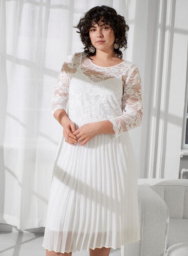 Geplooide jurk met kant en 3/4 mouwen, Bright White, Image image number 0