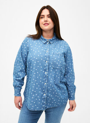 Chemise en jean florale avec une poche de poitrine, Light Blue w.Flowers, Model image number 0