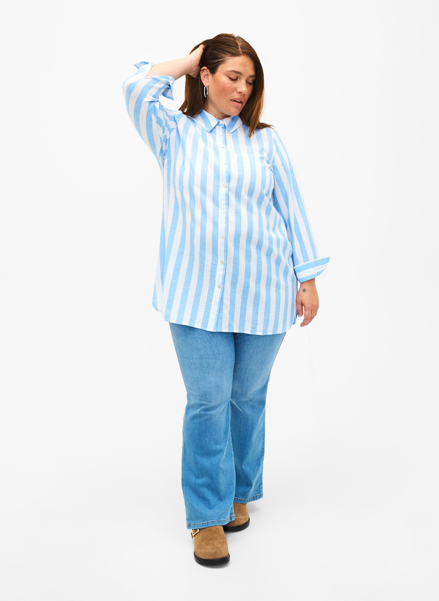 ZizziLang shirt van linnen en katoen, Blue White Stripe, Model image number 2