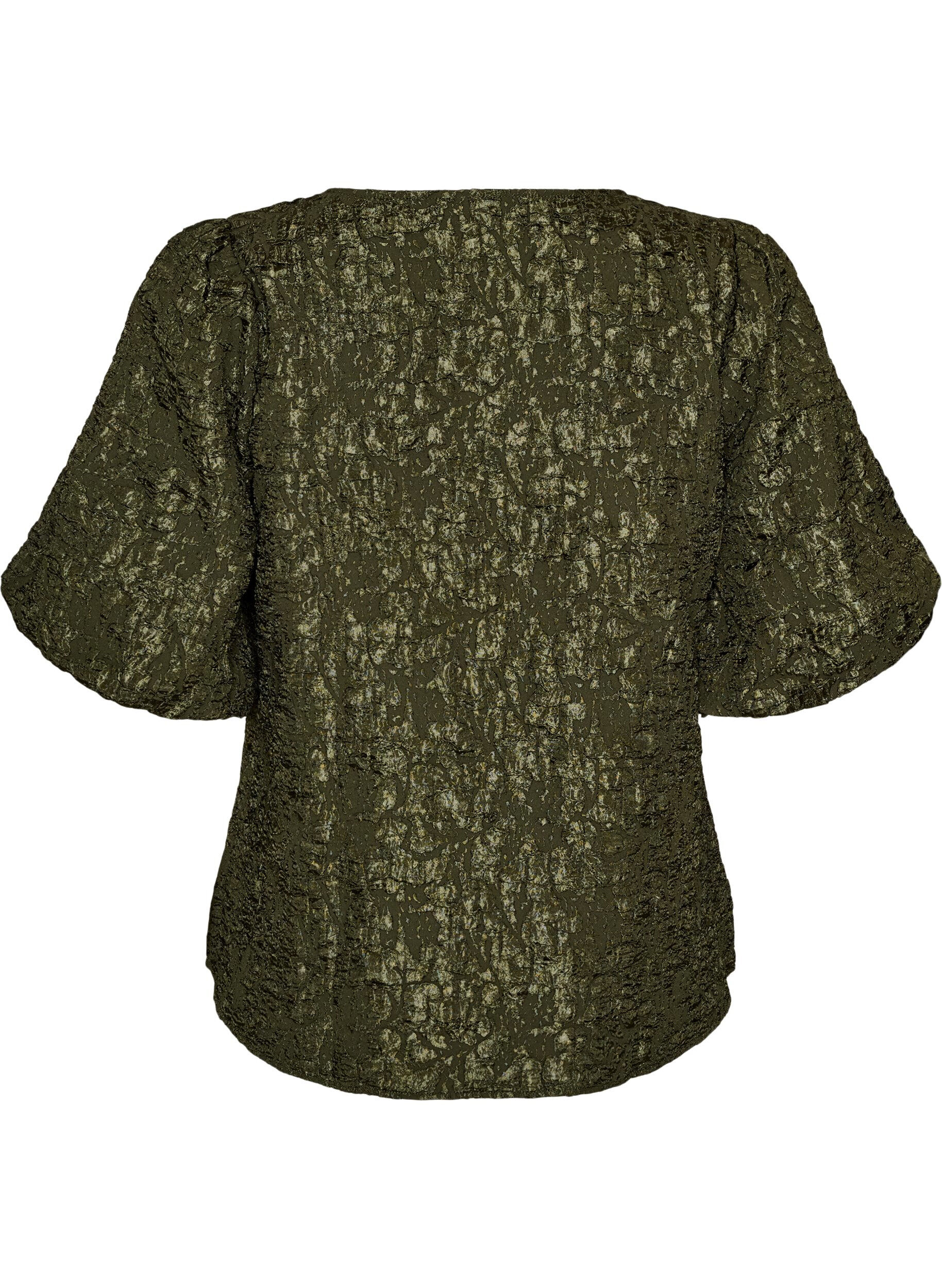 ZizziJacquard blouse met pofmouwen en A-lijnvorm, Groen, Packshot image number 1