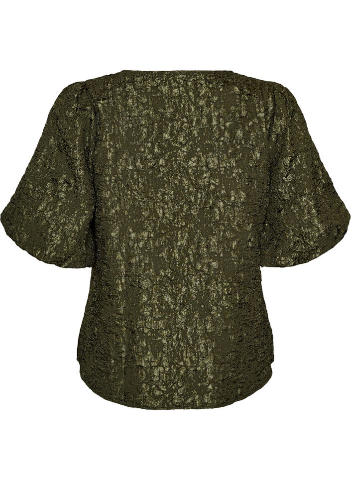 Jacquard blouse met pofmouwen en A-lijnvorm, Groen, Packshot image number 1