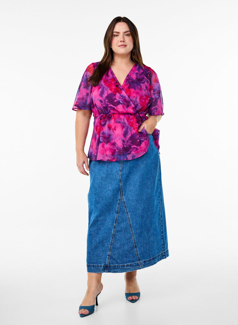 Chemise en mousseline &agrave; imprim&eacute; floral et manches courtes, Rouge, Model image number 1