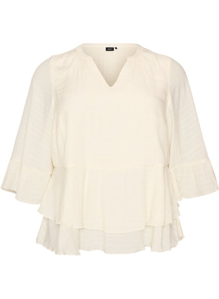 Blouse met 3/4-mouwen en ruchesdetails, Vanille, Packshot image number 0