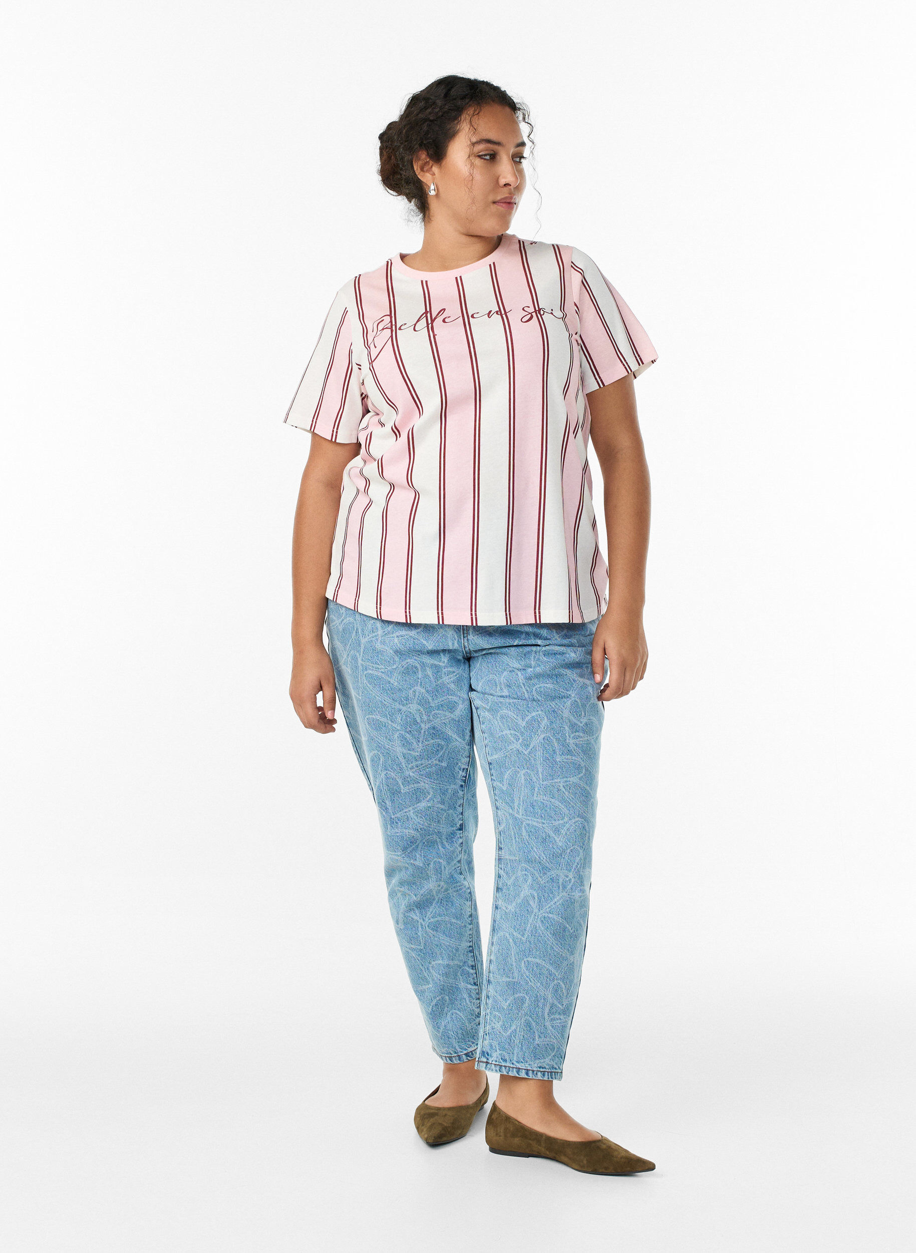 ZizziT-shirt met strepen en tekstprint, Roze, Model image number 1