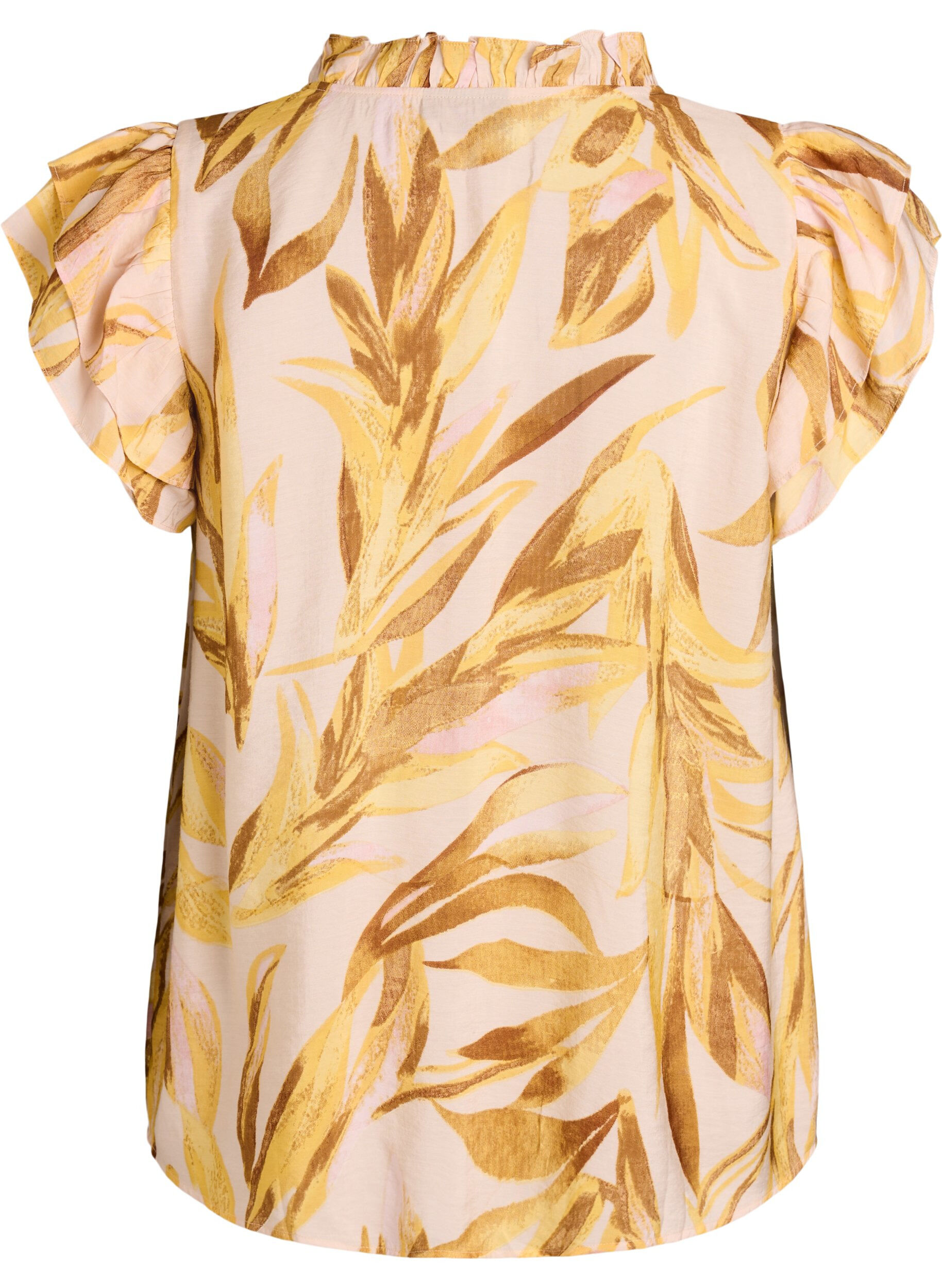 ZizziViscose blouse met bladprint en ruches, Geel, Packshot image number 1