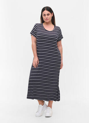 Gestreepte midi-jurk met korte mouwen, Night Sky Stripe, Model image number 2
