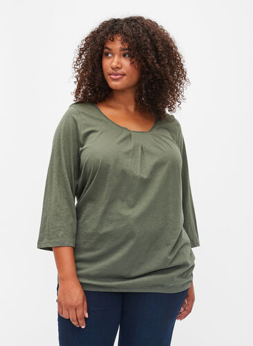 Katoenen blouse met 3/4 mouwen, Thyme, Model image number 0