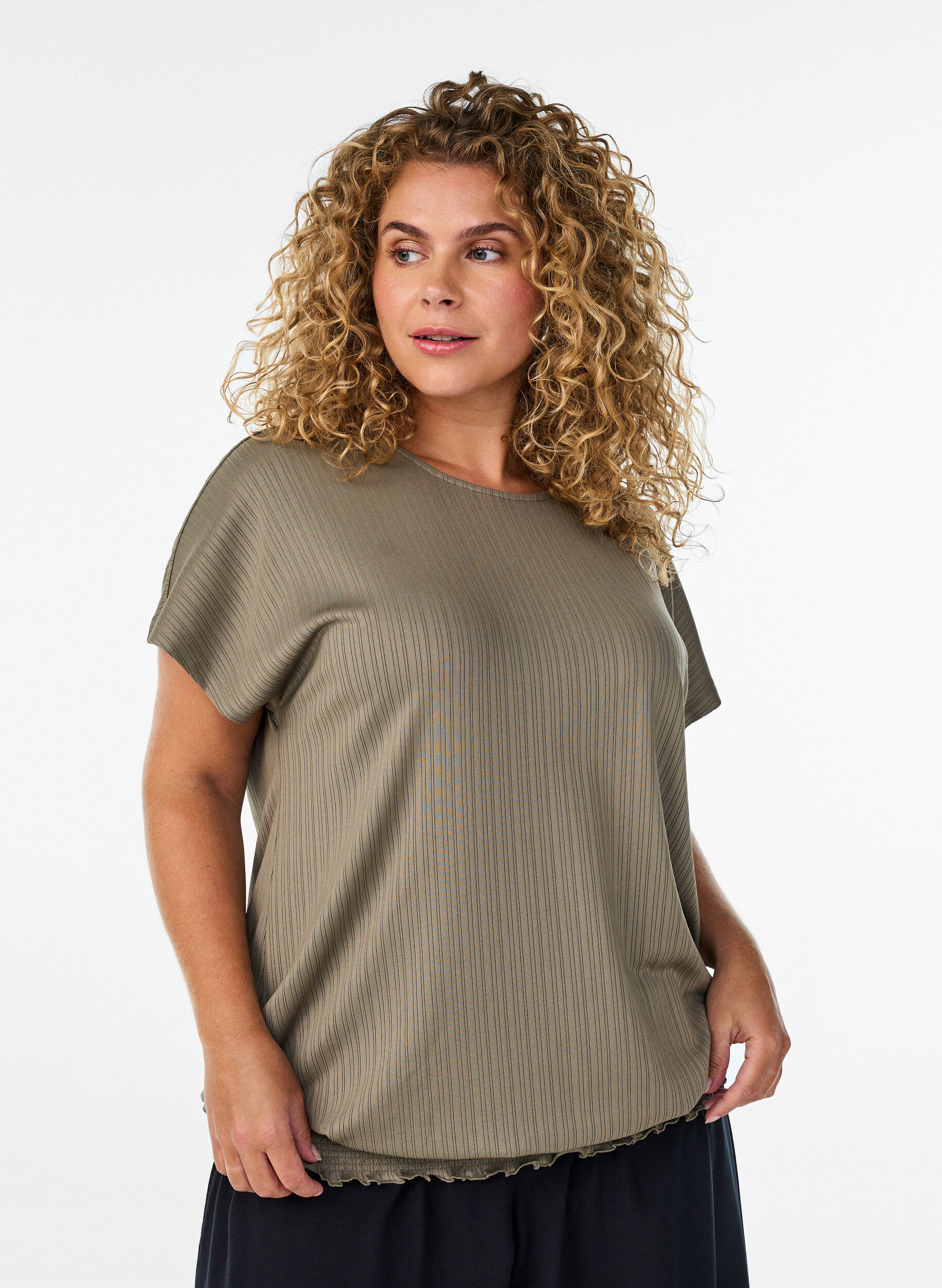 ZizziJersey blouse met gestructureerde strepen en een gesmokte zoom, Bruin, Model image number 0