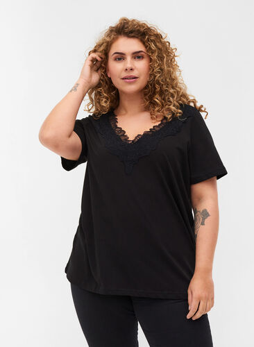 Katoenen t-shirt met v-hals en kant, Black, Model image number 0