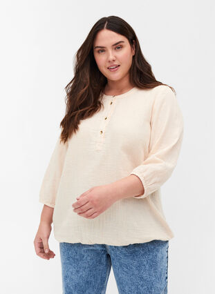 Katoenen blouse met knopen en 3/4-mouwen, Mother Of Pearl, Model image number 0