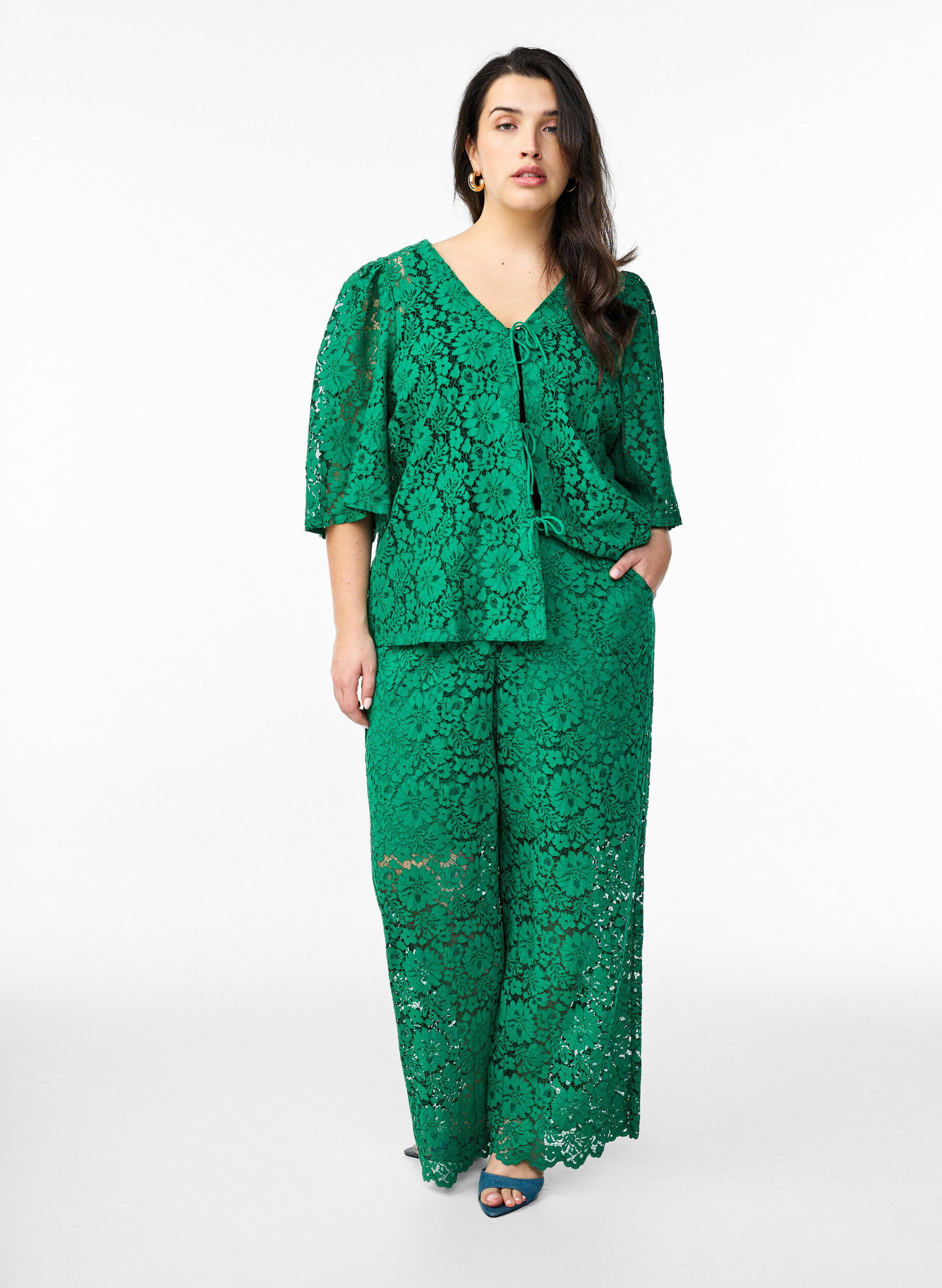 ZizziKanten broek met hoge taille en zakken, Groen, Model image number 0