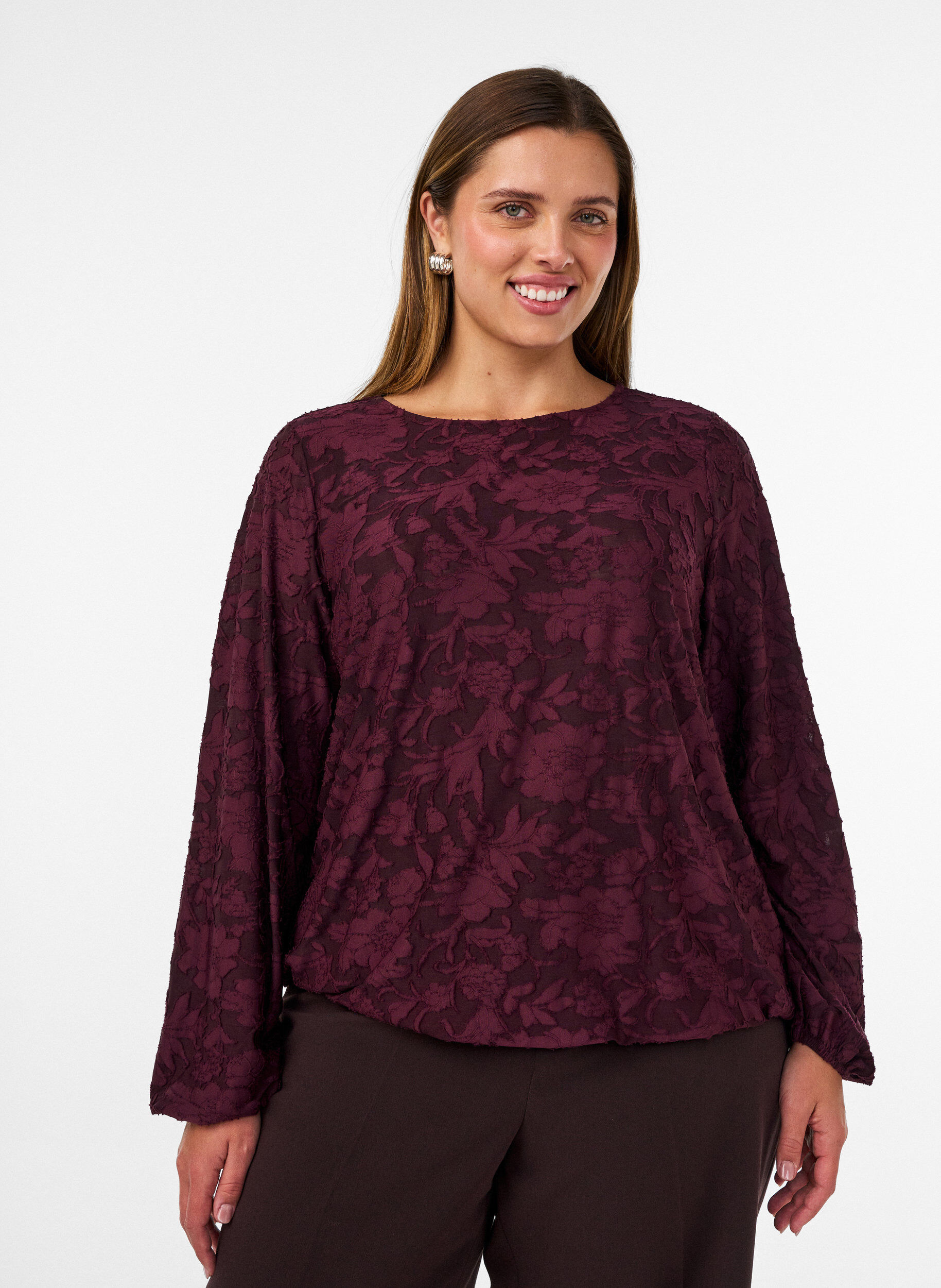 ZizziBlouse transparente avec texture florale et manches longues, Bordeaux, Model image number 0