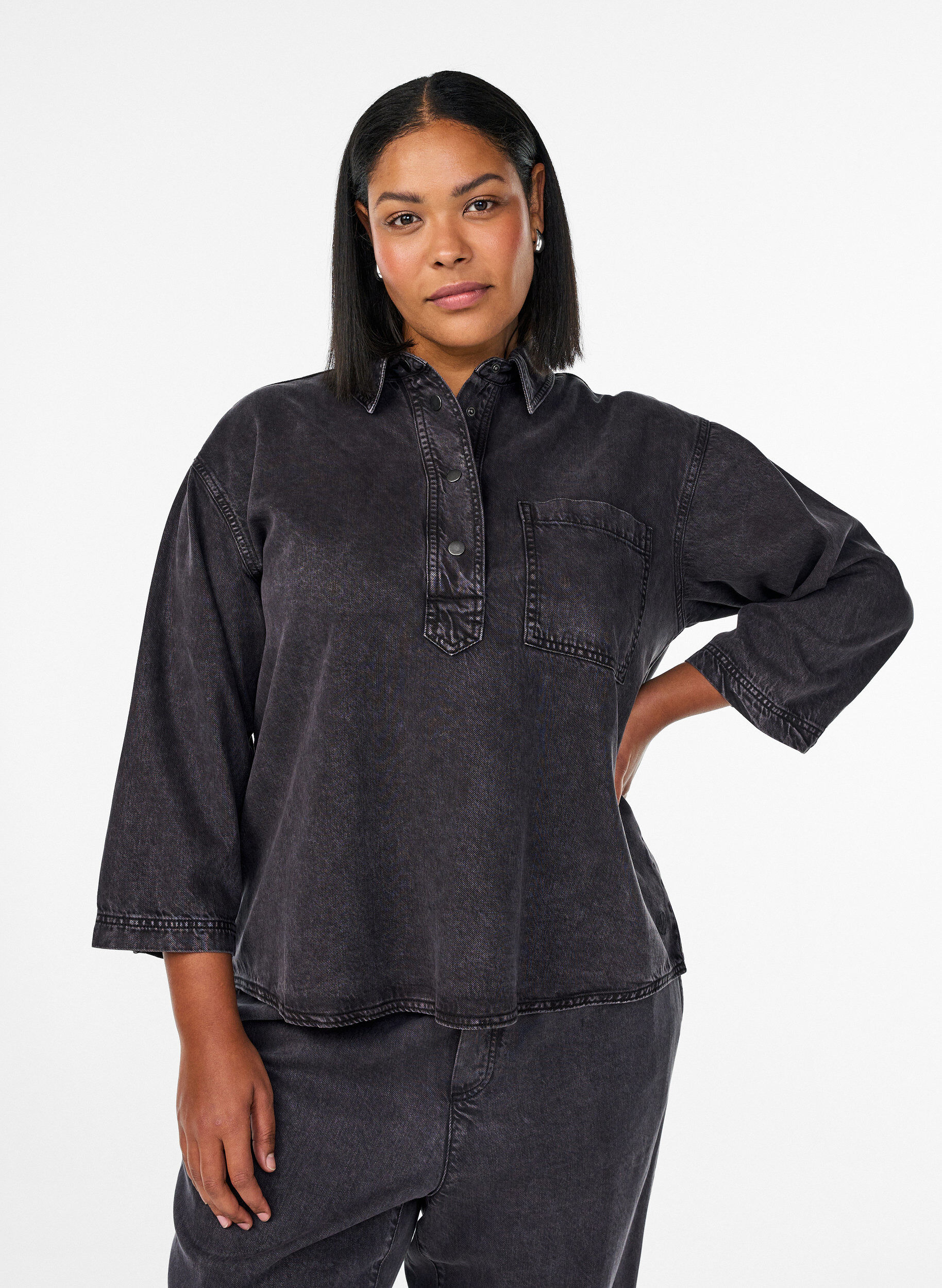 Los denimshirt met 3/4-mouwen, Grijs, Model