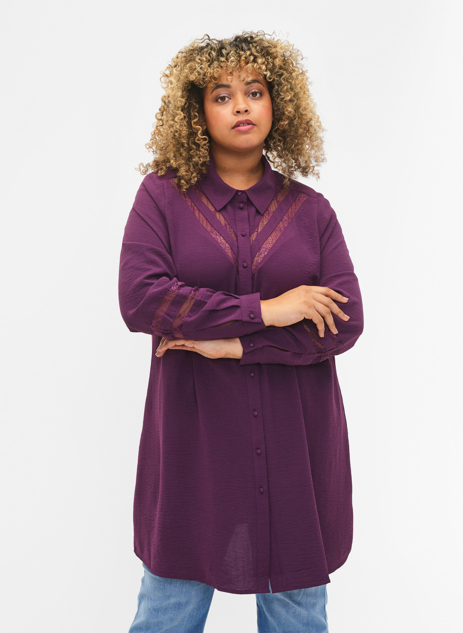 Zizzi Chemise longue avec d&eacute;tails en dentelle, Deep Purple, Model image number 0