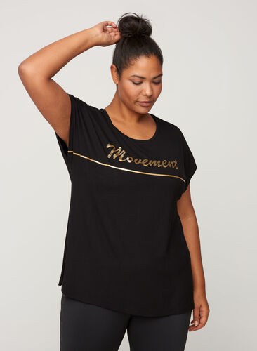 T-shirt de sport avec imprimé sur la poitrine, Black, Model image number 0