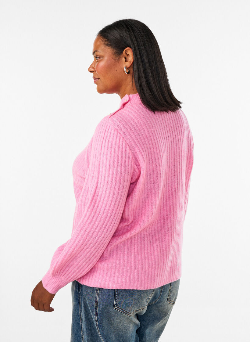 Pull c&ocirc;tel&eacute; &agrave; manches bouffantes et boutons, Rose, Model image number 2