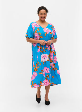Robe midi en viscose avec imprimé floral, Blue Pink Flower, Model image number 2