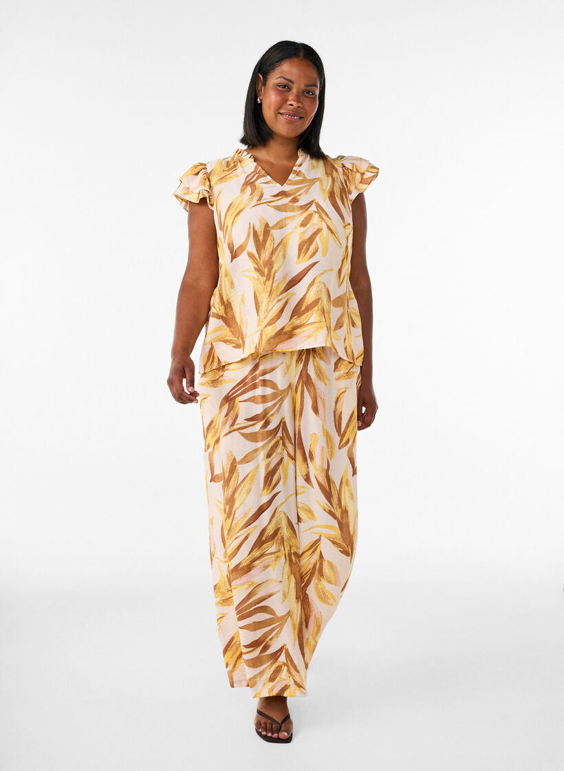 Viscose blouse met bladprint en ruches, Geel, Model image number 1