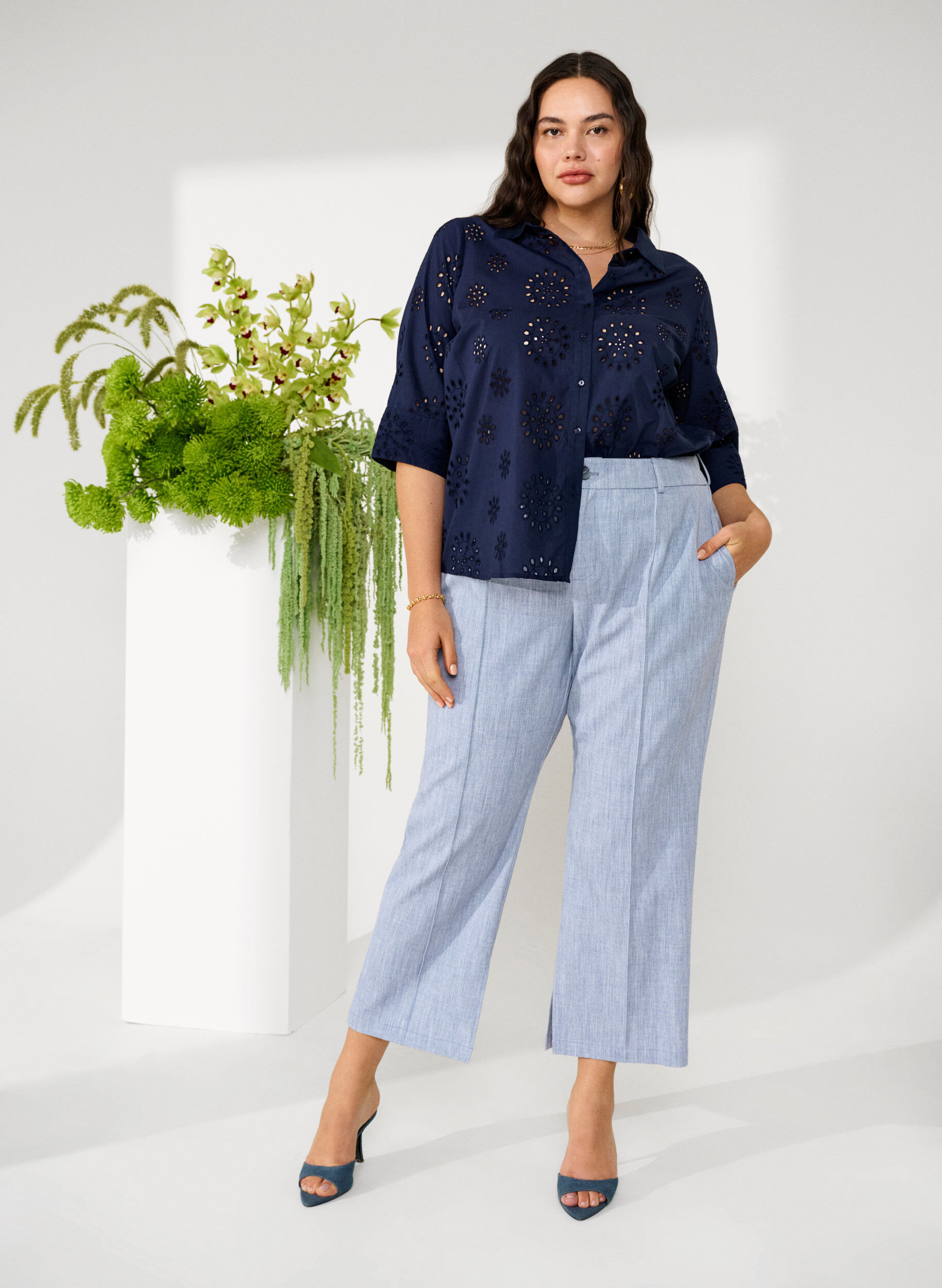 ZizziShirtblouse met Engels borduurwerk en 3/4-mouwen, Navy Blazer, Image image number 0