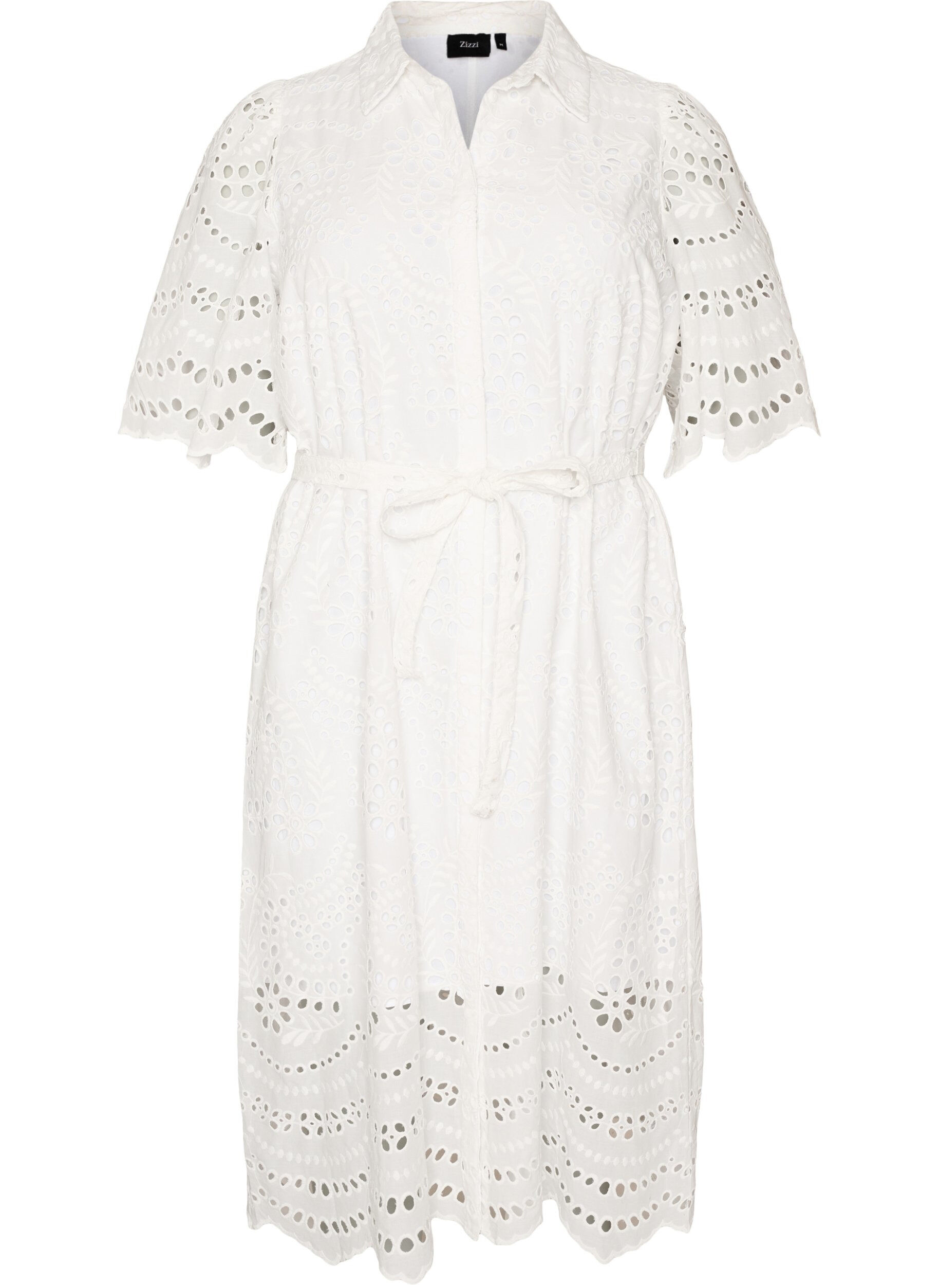 Blousejurk in broderie anglaise met strikceintuur