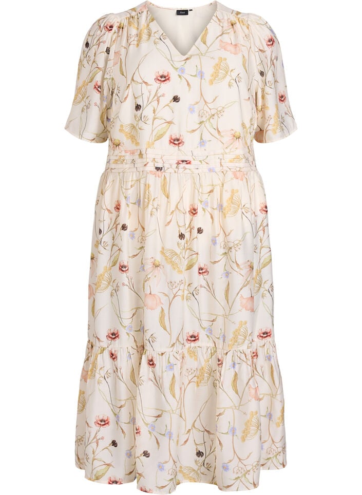 Robe mi-longue &agrave; fleurs avec une forme trap&egrave;ze, Beige, Packshot image number 0