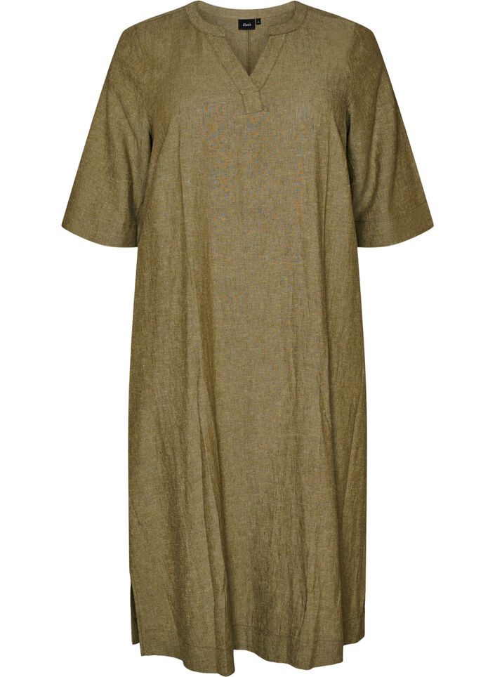 Robe midi en lin et viscose avec manches mi-longues, Vert, Packshot image number 0